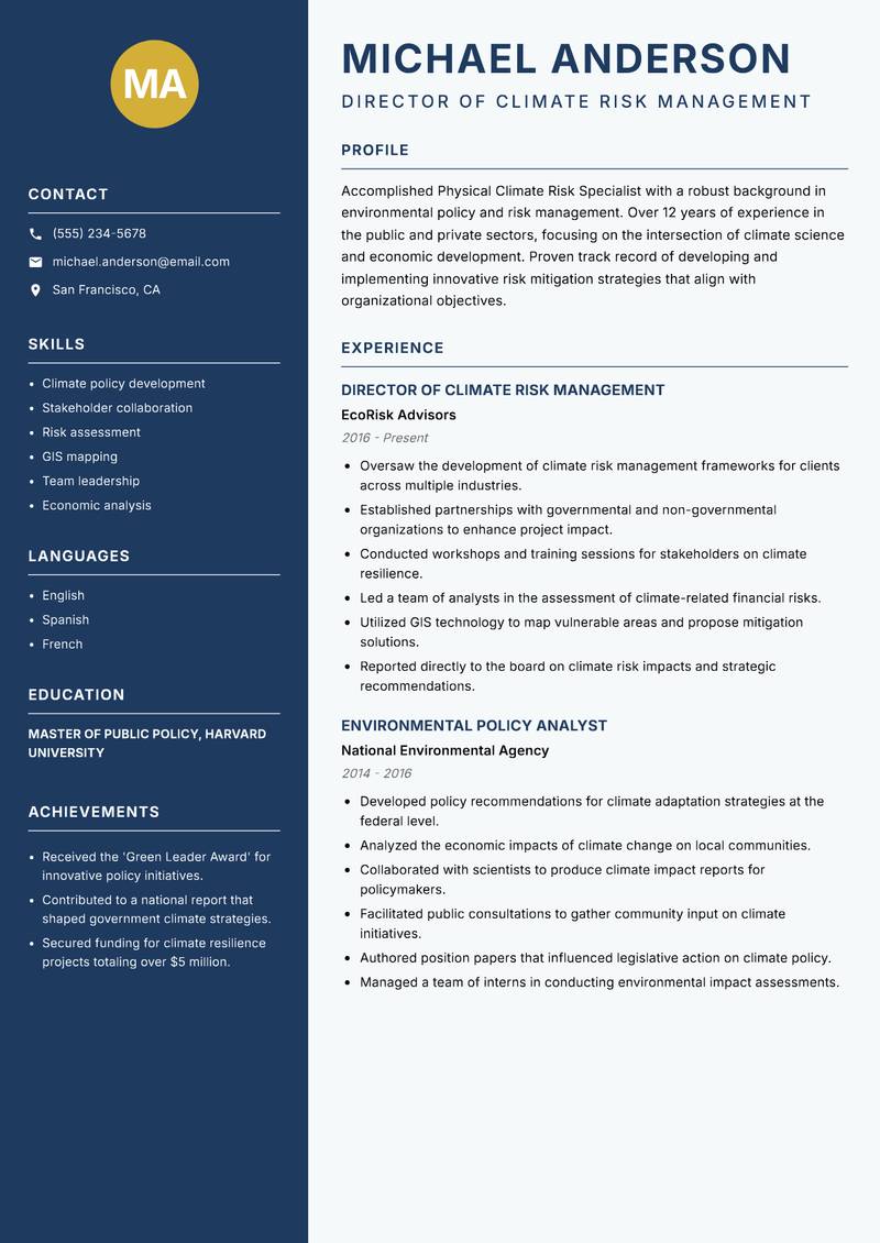 Physical Climate Risk Specialist resume sample — Director of Climate Risk Management focus