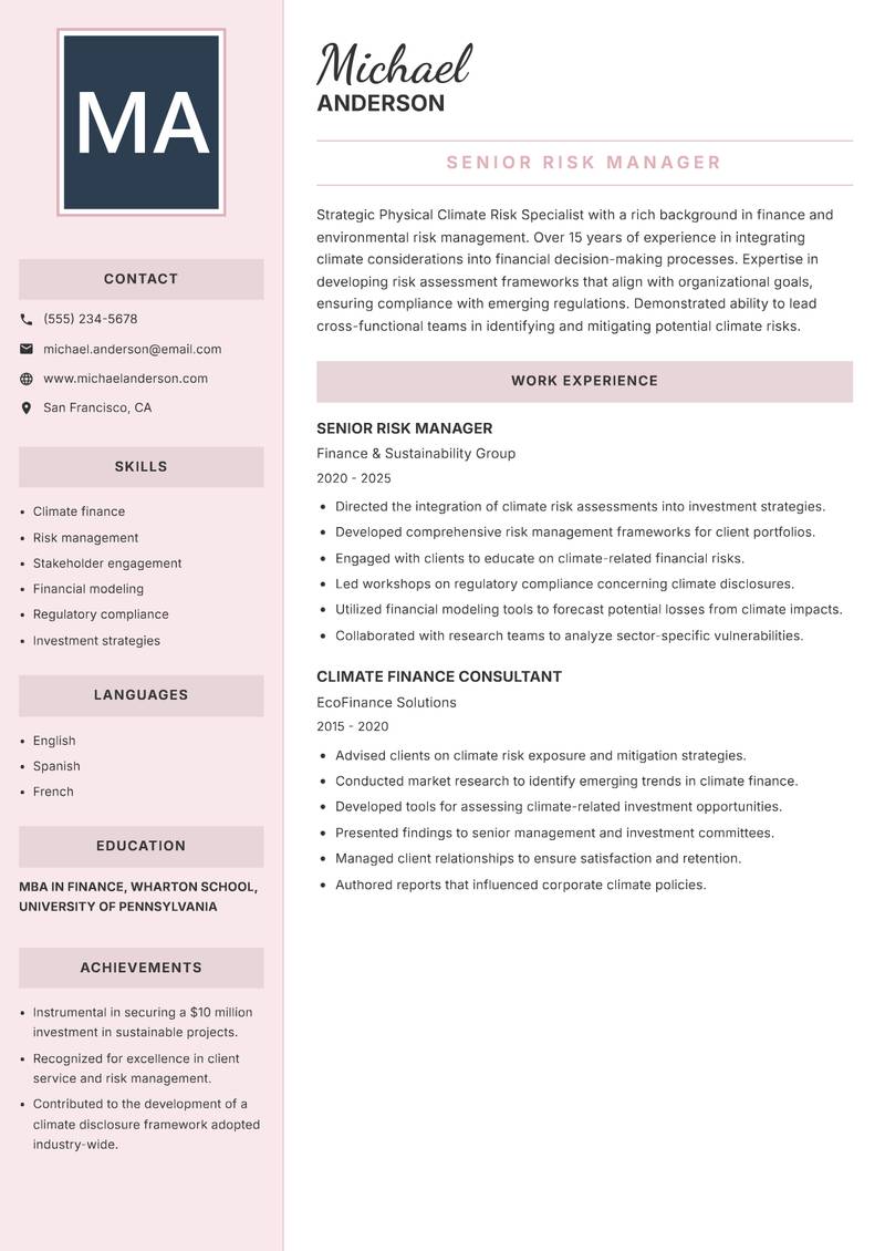 Physical Climate Risk Specialist resume sample — Senior Risk Manager focus
