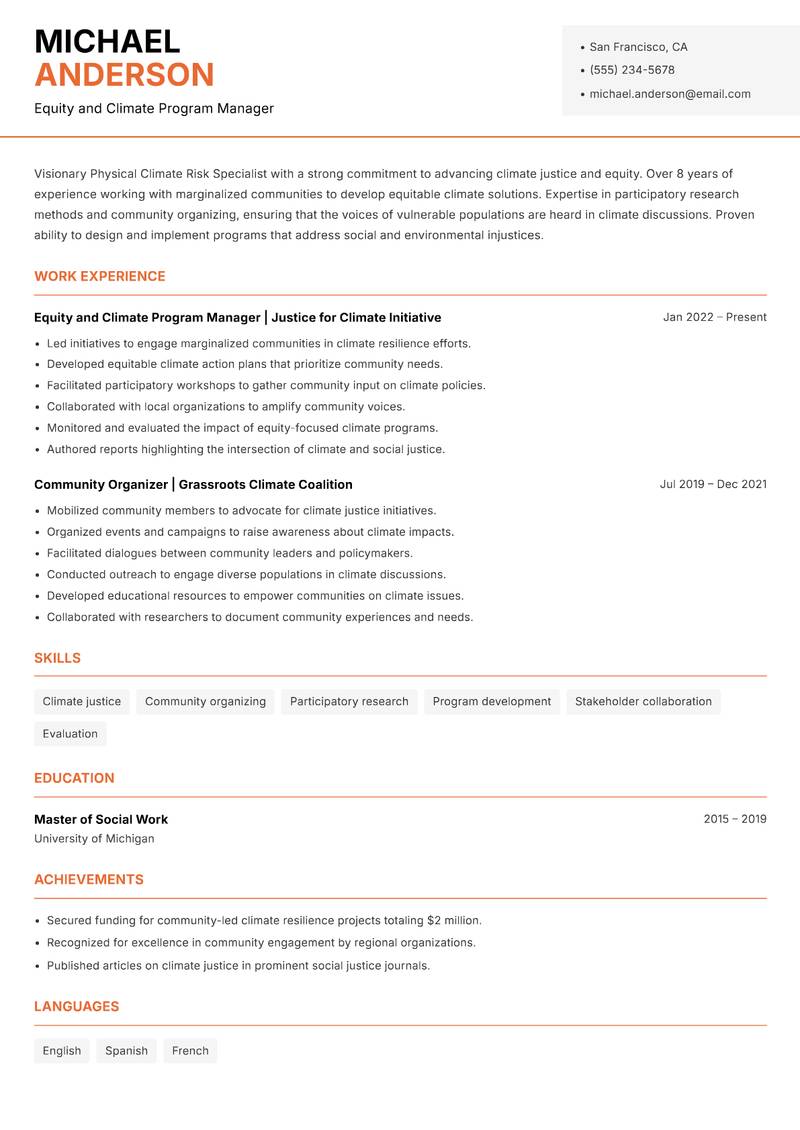 Physical Climate Risk Specialist resume sample — Equity and Climate Program Manager focus