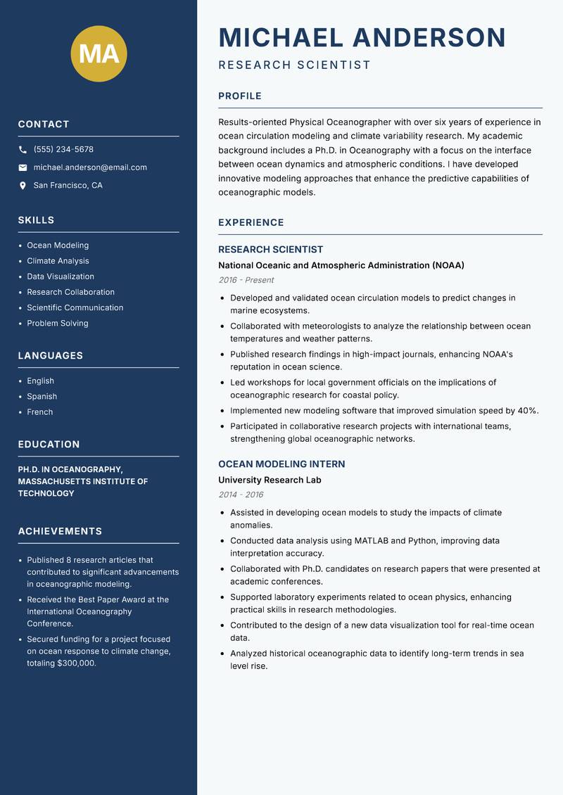 Physical Oceanographer resume sample — Research Scientist focus