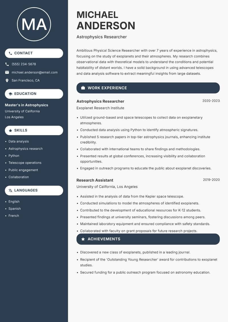 Physical Science Researcher resume sample — Astrophysics Researcher focus