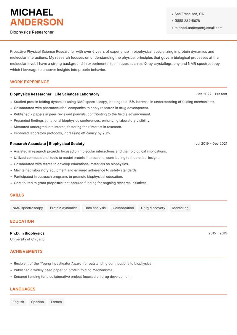 Physical Science Researcher resume sample — Biophysics Researcher focus