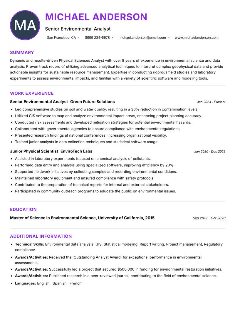 Physical Sciences Analyst resume example