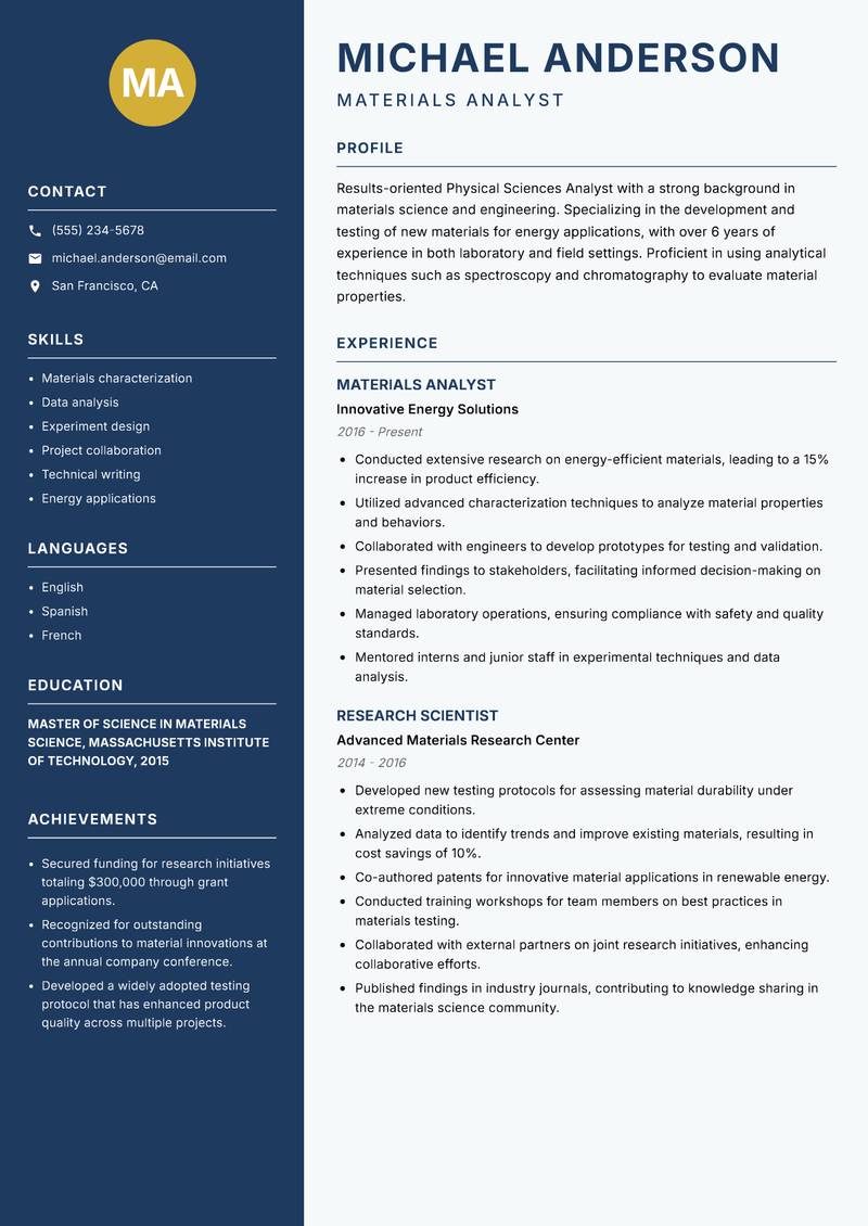 Physical Sciences Analyst resume sample — Materials Analyst focus
