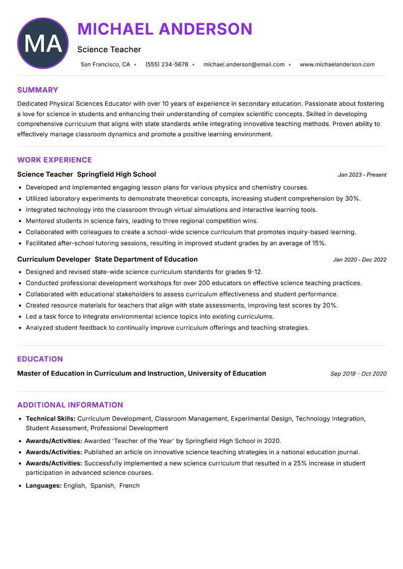 Physical Sciences Educator resume example
