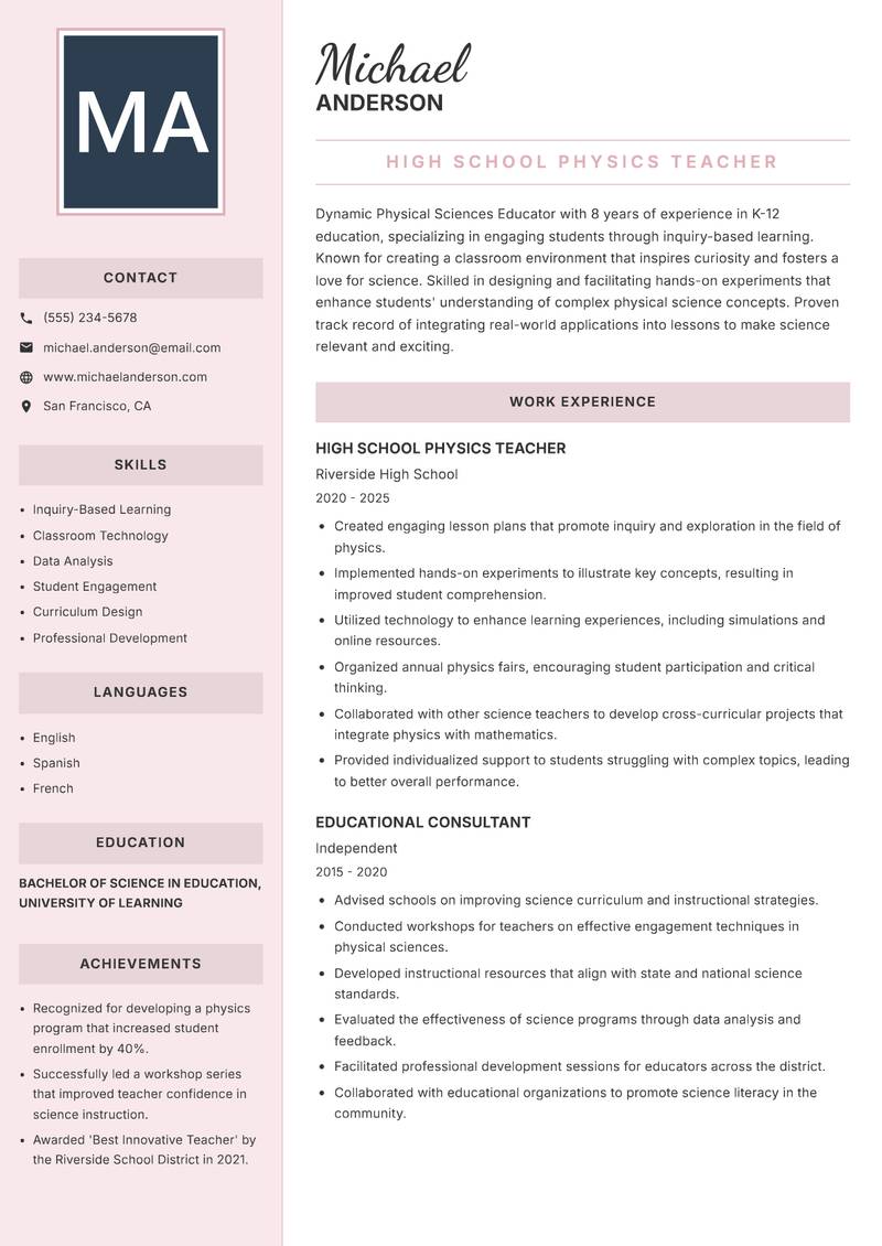 Physical Sciences Educator resume sample — High School Physics Teacher focus
