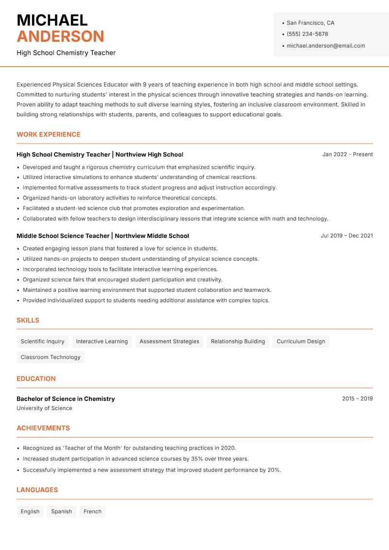 Physical Sciences Educator resume sample — High School Chemistry Teacher focus