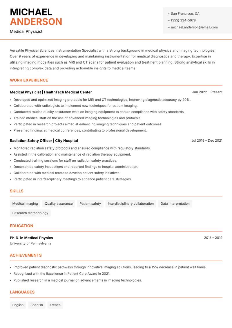 Physical Sciences Instrumentation Specialist resume sample — Medical Physicist focus