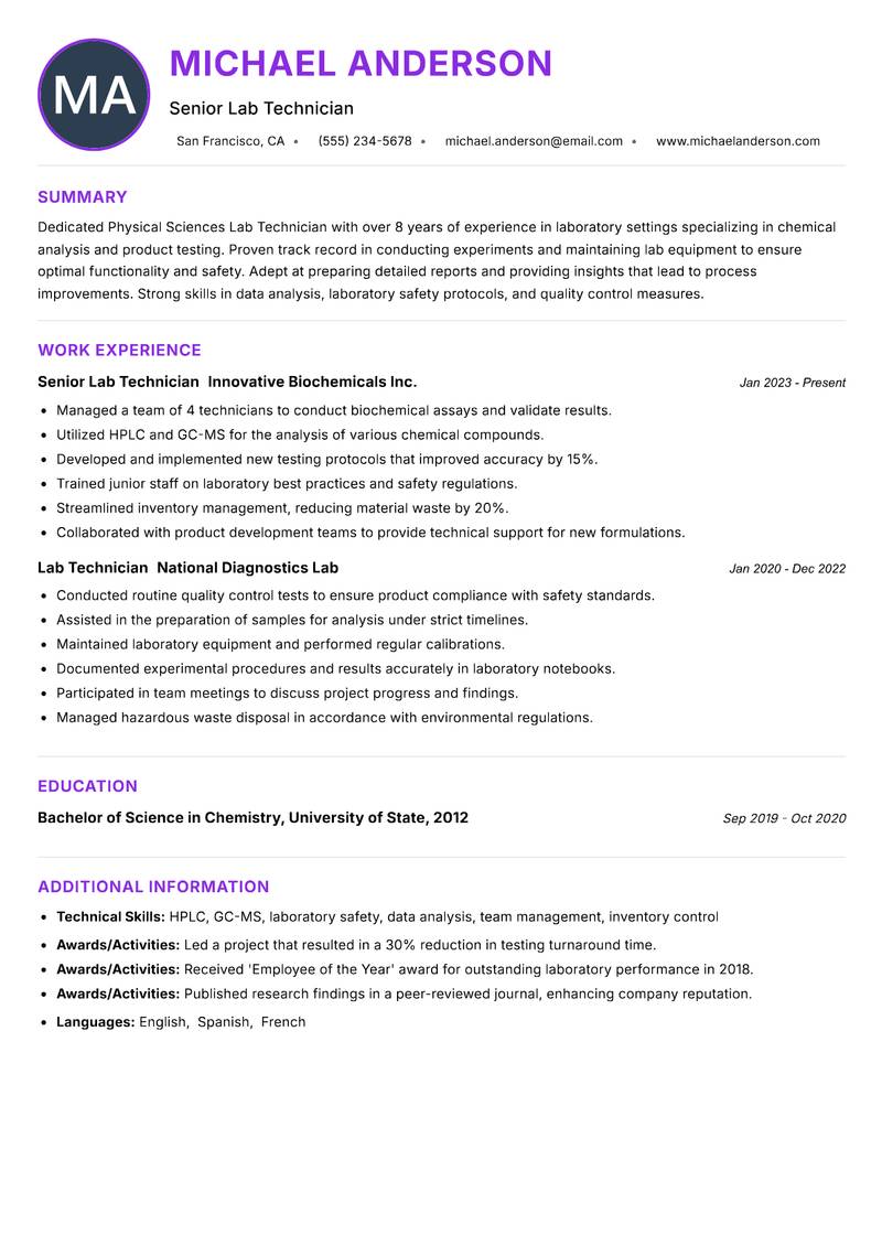Physical Sciences Lab Technician resume example