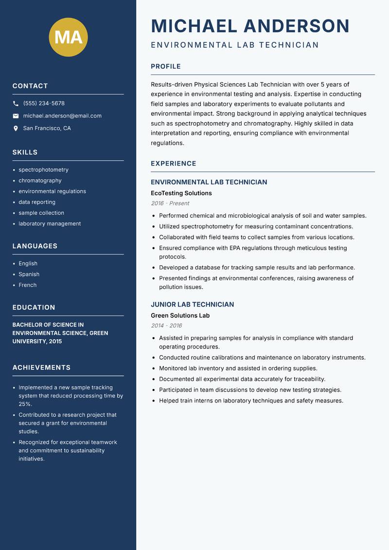 Physical Sciences Lab Technician resume sample — Environmental Lab Technician focus