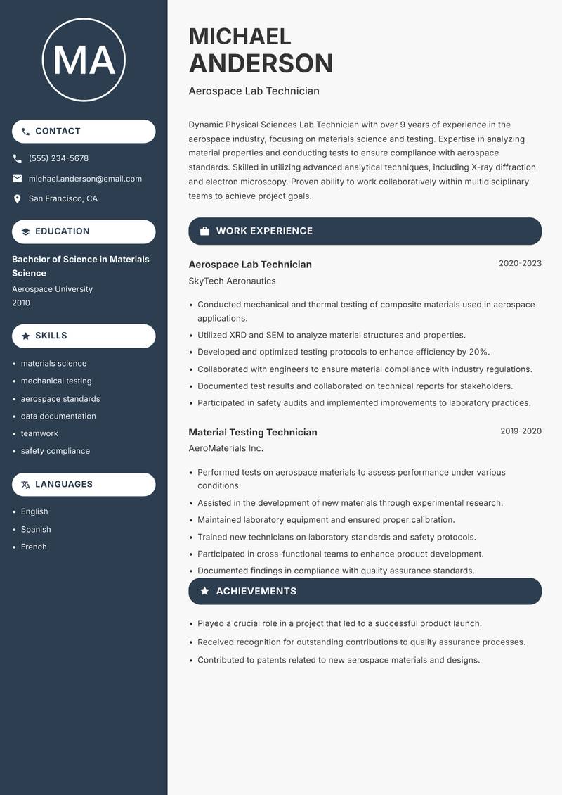Physical Sciences Lab Technician resume sample — Aerospace Lab Technician focus
