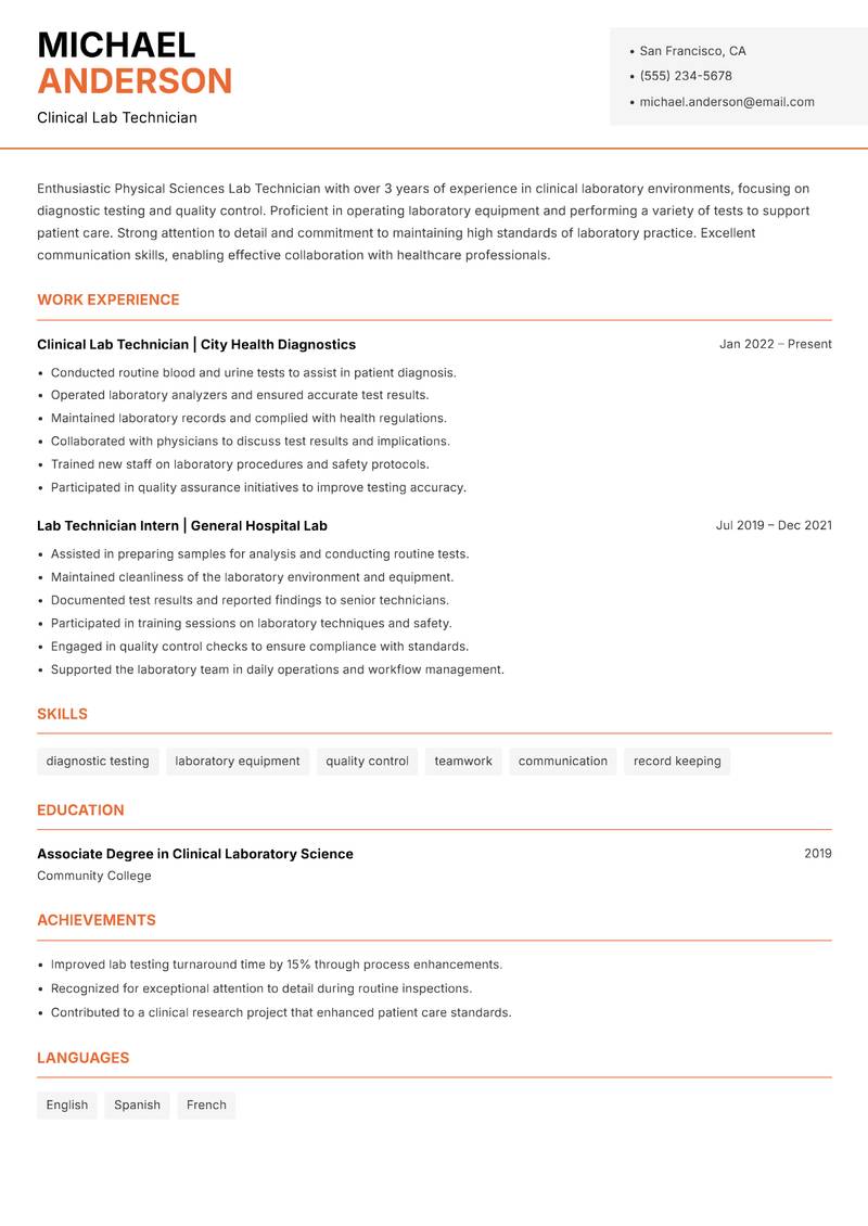 Physical Sciences Lab Technician resume sample — Clinical Lab Technician focus