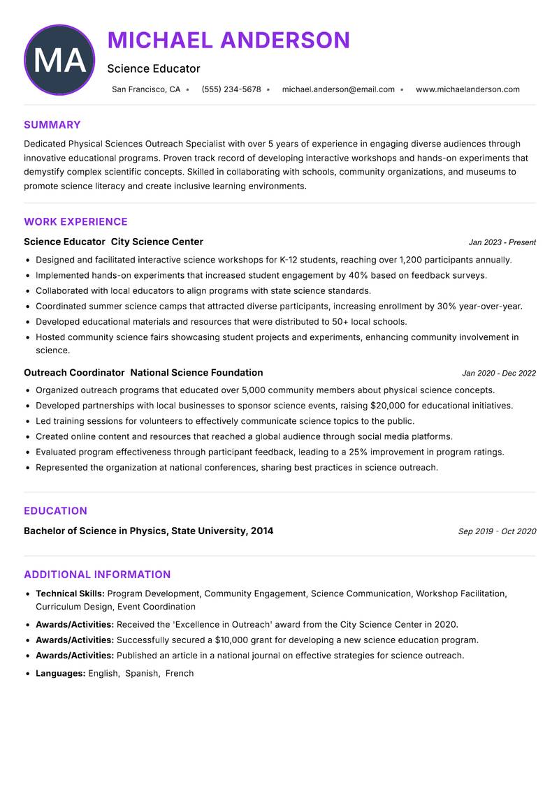 Physical Sciences Outreach Specialist resume example