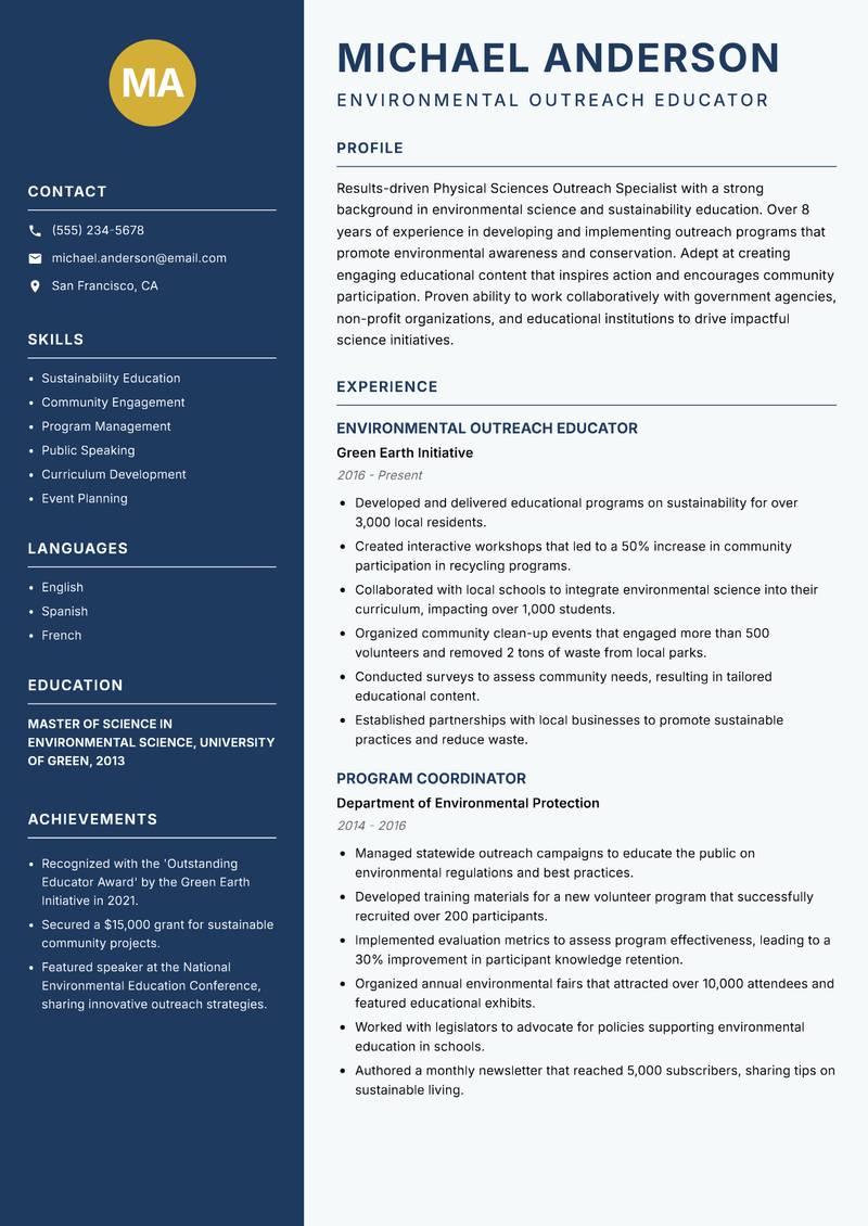 Physical Sciences Outreach Specialist resume sample — Environmental Outreach Educator focus