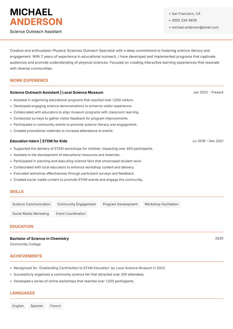 Physical Sciences Outreach Specialist resume sample — Science Outreach Assistant focus