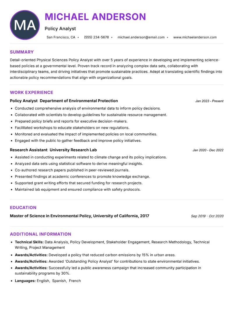 Physical Sciences Policy Analyst resume example