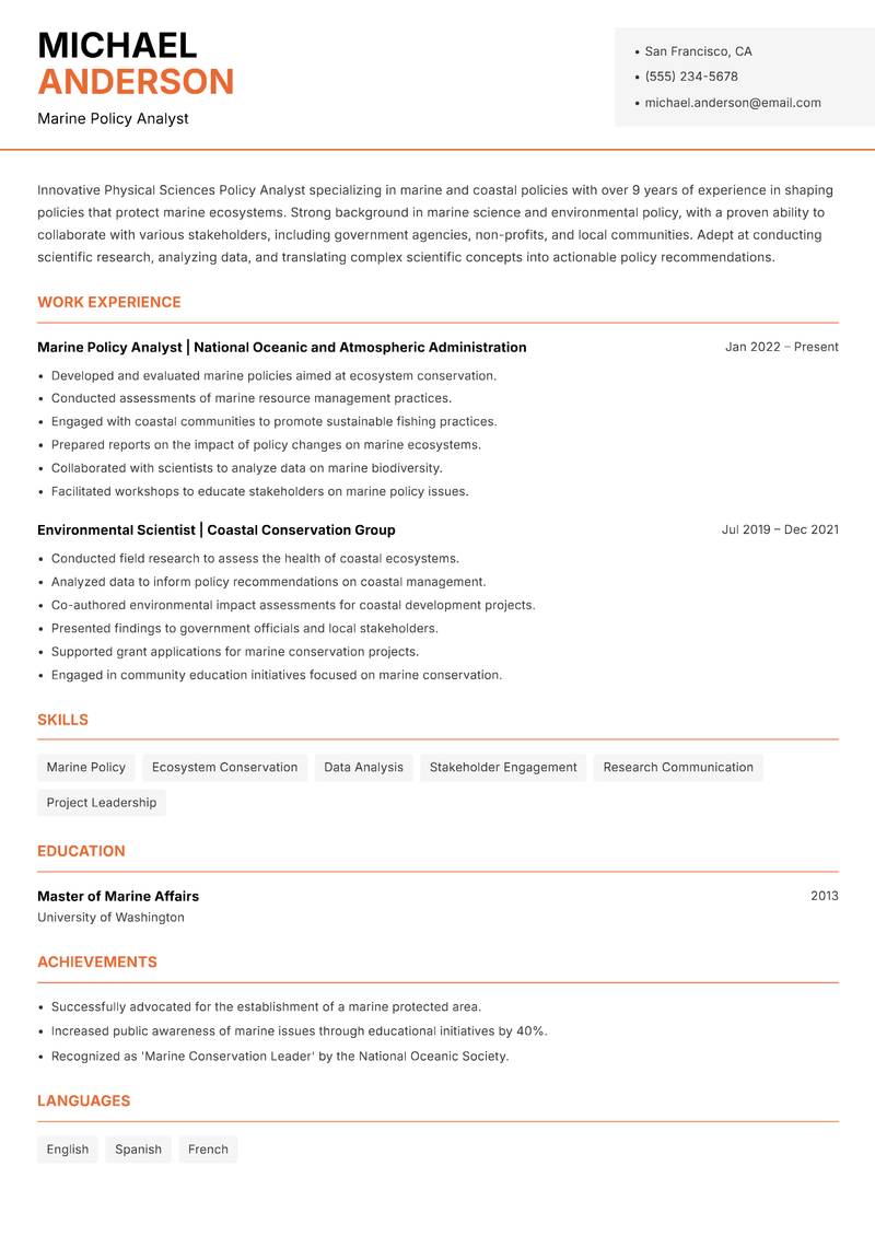 Physical Sciences Policy Analyst resume sample — Marine Policy Analyst focus