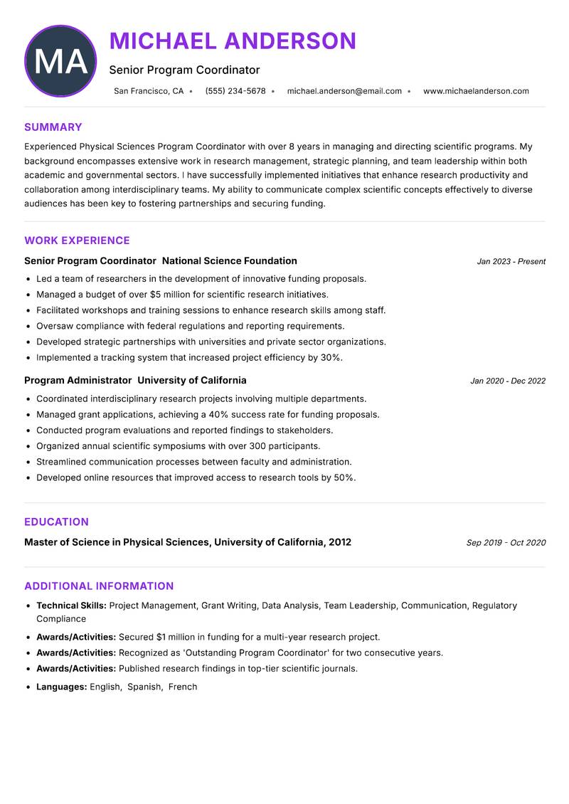 Physical Sciences Program Coordinator resume example