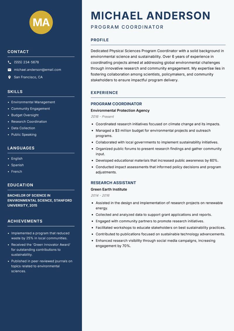 Physical Sciences Program Coordinator resume sample — Program Coordinator focus