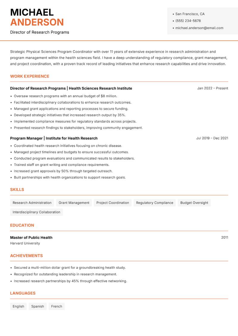 Physical Sciences Program Coordinator resume sample — Director of Research Programs focus