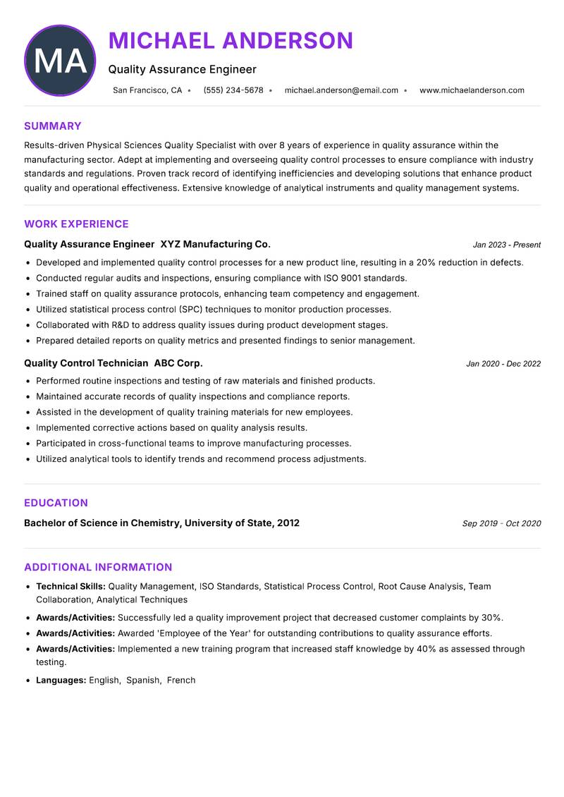 Physical Sciences Quality Specialist resume example