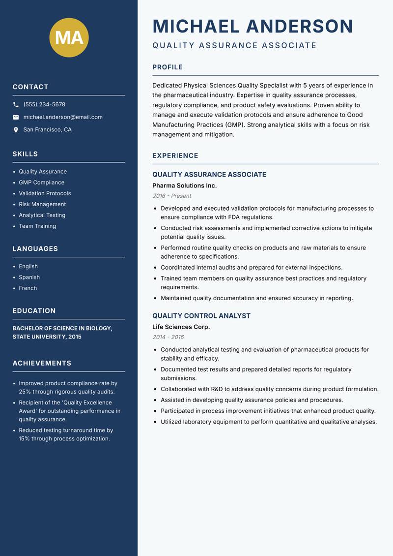 Physical Sciences Quality Specialist resume sample — Quality Assurance Associate focus