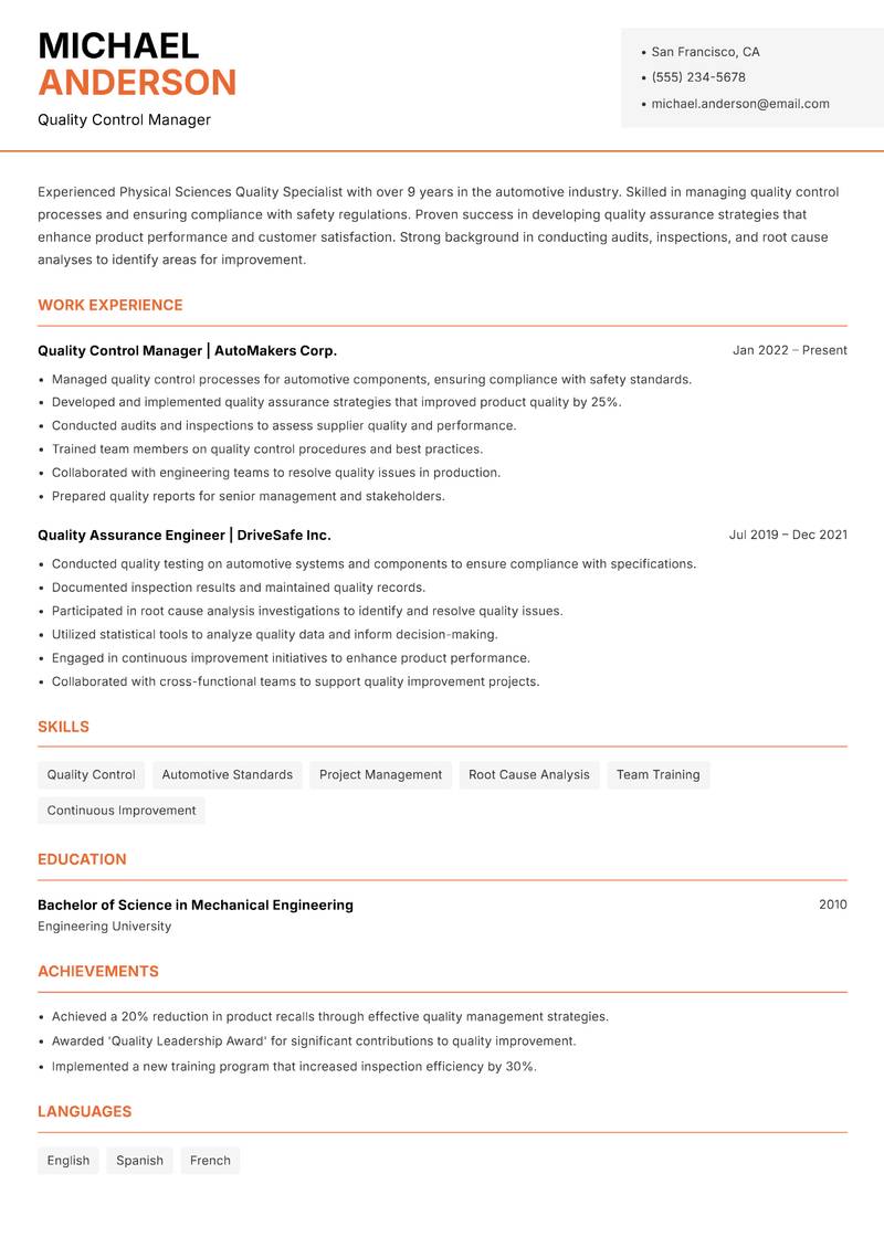Physical Sciences Quality Specialist resume sample — Quality Control Manager focus