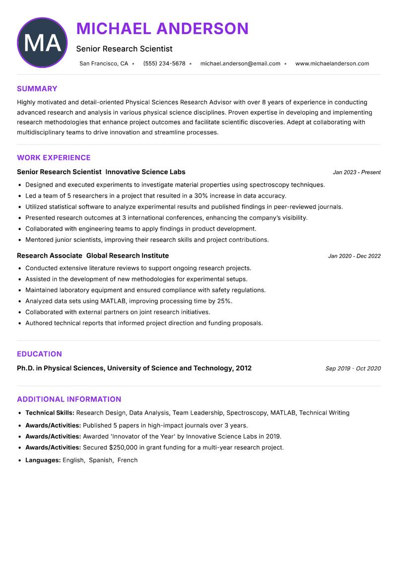 Physical Sciences Research Advisor resume example
