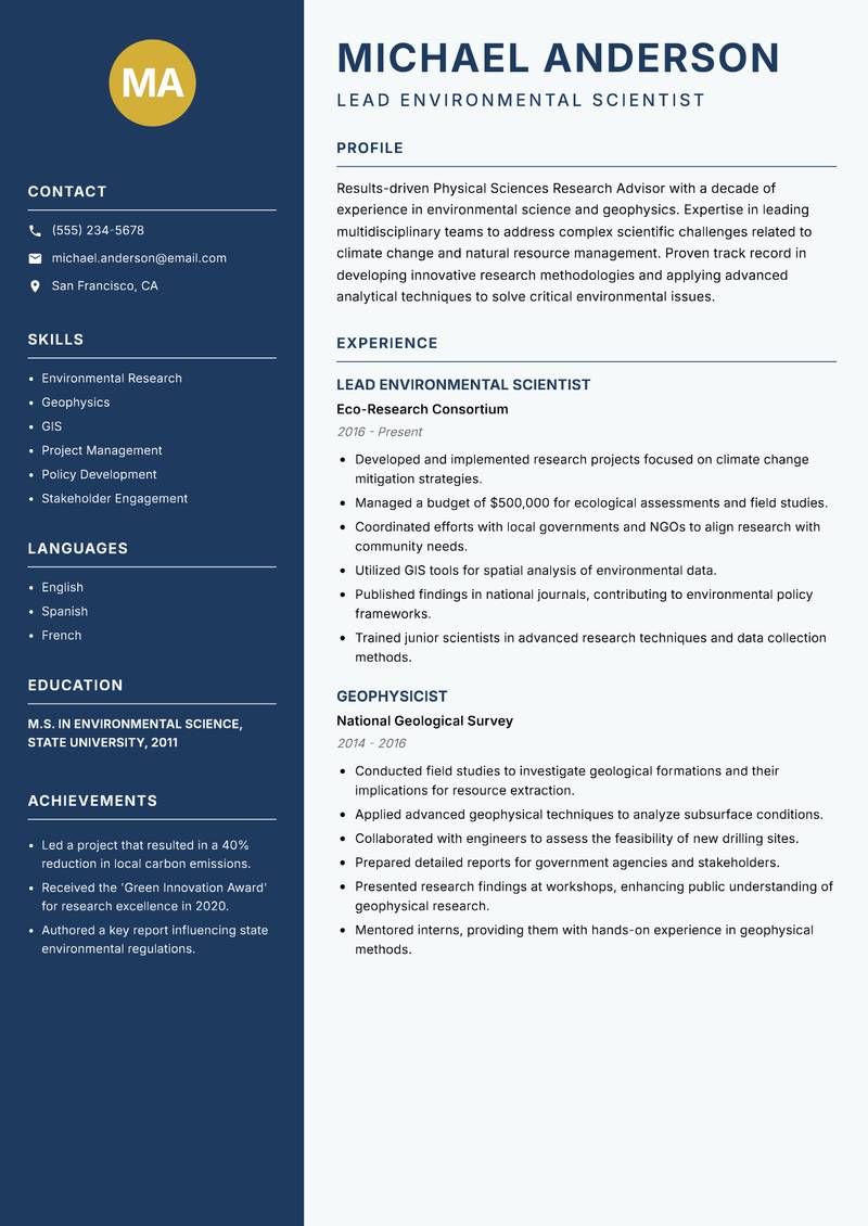 Physical Sciences Research Advisor resume sample — Lead Environmental Scientist focus