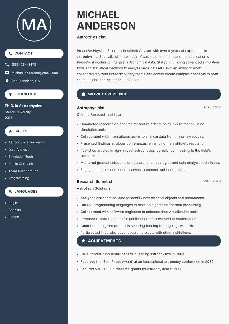 Physical Sciences Research Advisor resume sample — Astrophysicist focus