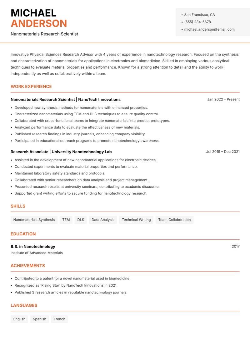 Physical Sciences Research Advisor resume sample — Nanomaterials Research Scientist focus