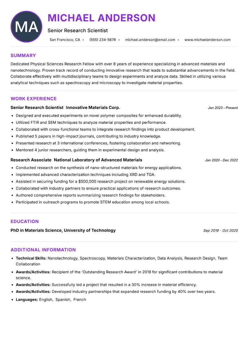 Physical Sciences Research Fellow resume example