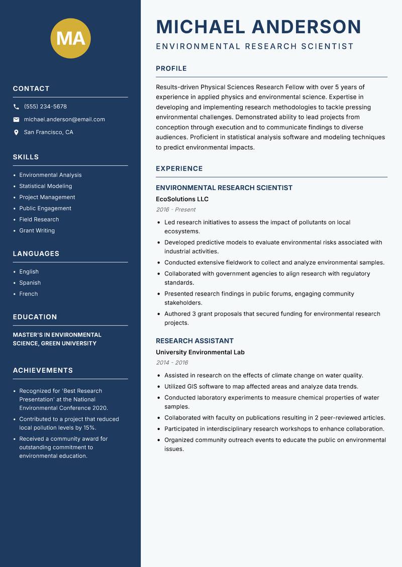 Physical Sciences Research Fellow resume sample — Environmental Research Scientist focus