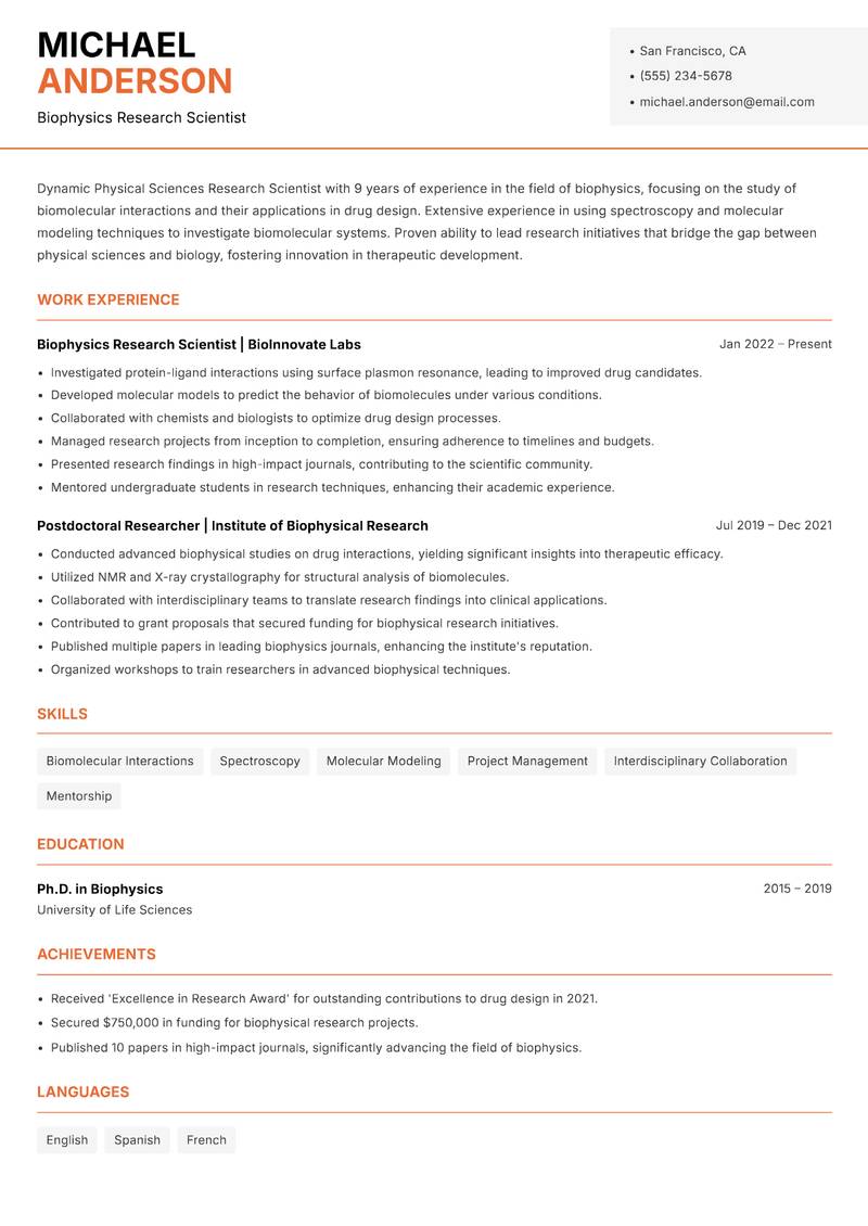 Physical Sciences Research Scientist resume sample — Biophysics Research Scientist focus
