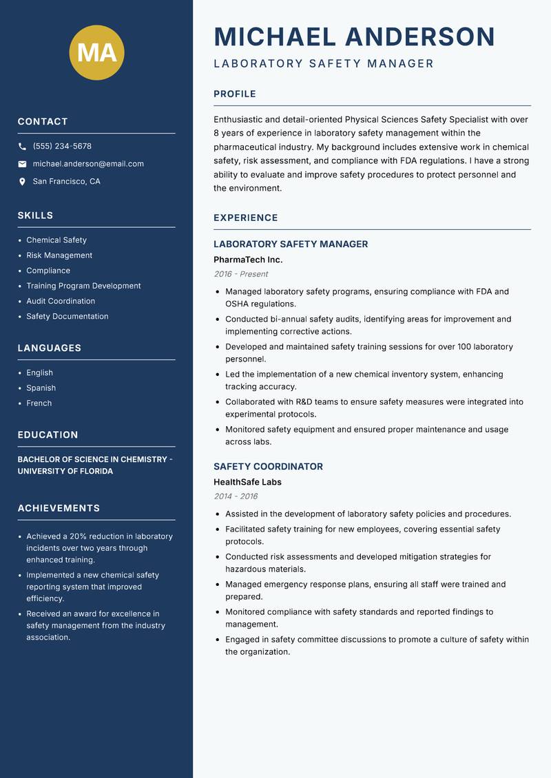 Physical Sciences Safety Specialist resume sample — Laboratory Safety Manager focus