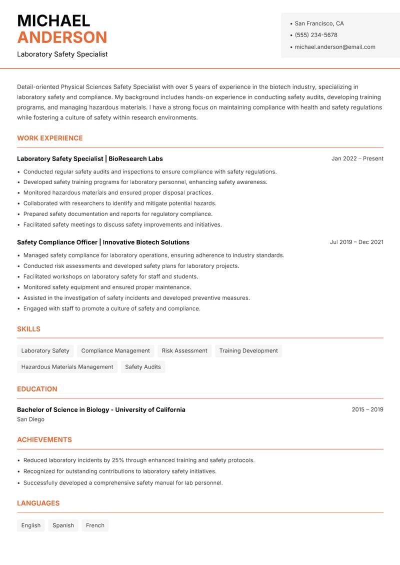 Physical Sciences Safety Specialist resume sample — Laboratory Safety Specialist focus