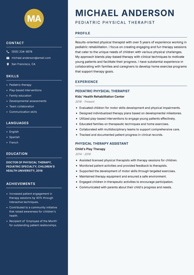 Physical Therapist resume sample — Pediatric Physical Therapist focus