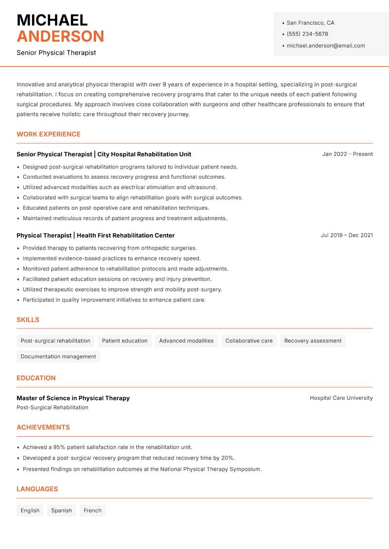 Physical Therapist resume sample — Senior Physical Therapist focus