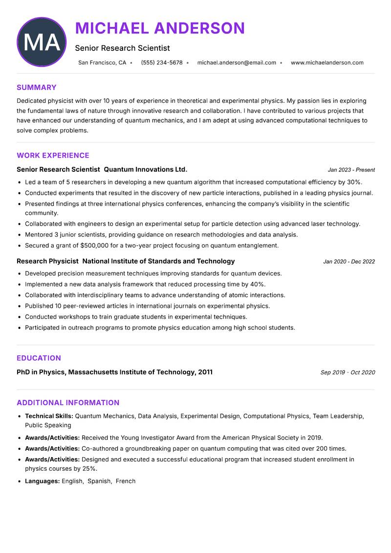Physicist resume example