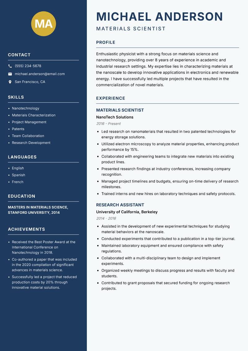 Physicist resume sample — Materials Scientist focus