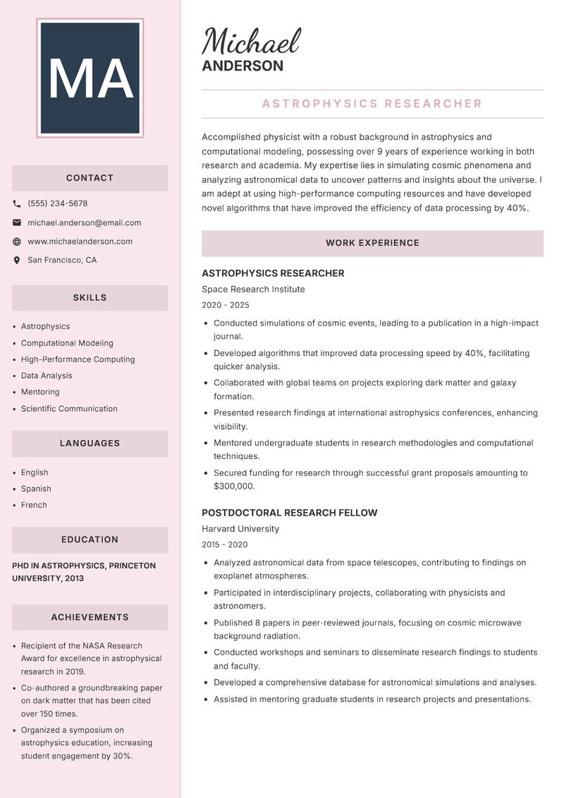 Physicist resume sample — Astrophysics Researcher focus