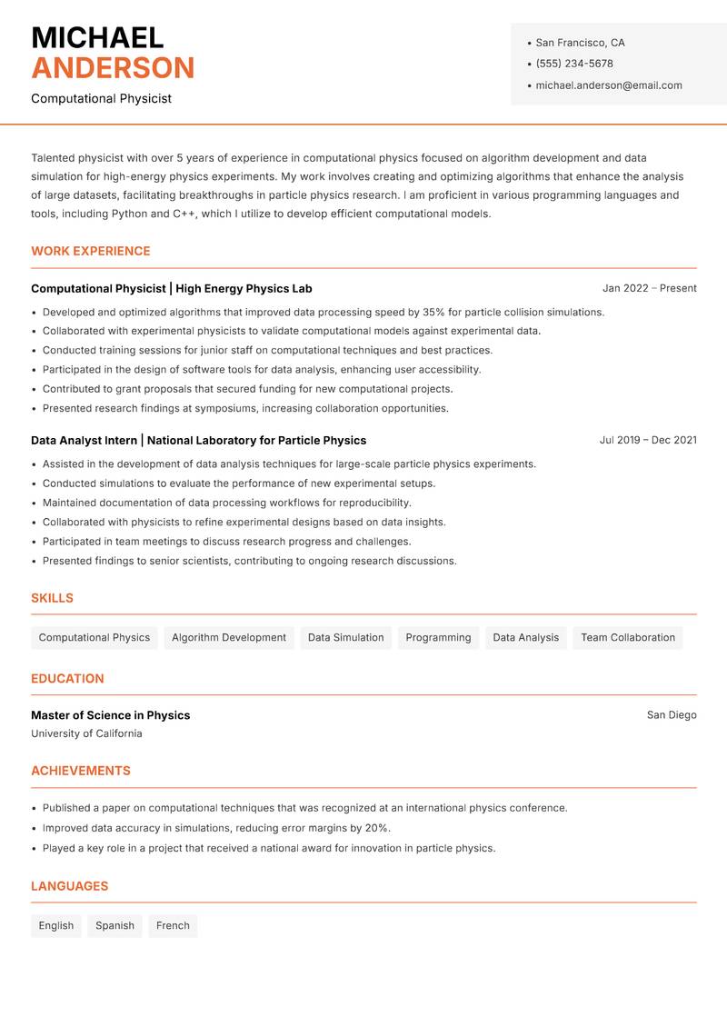 Physicist resume sample — Computational Physicist focus