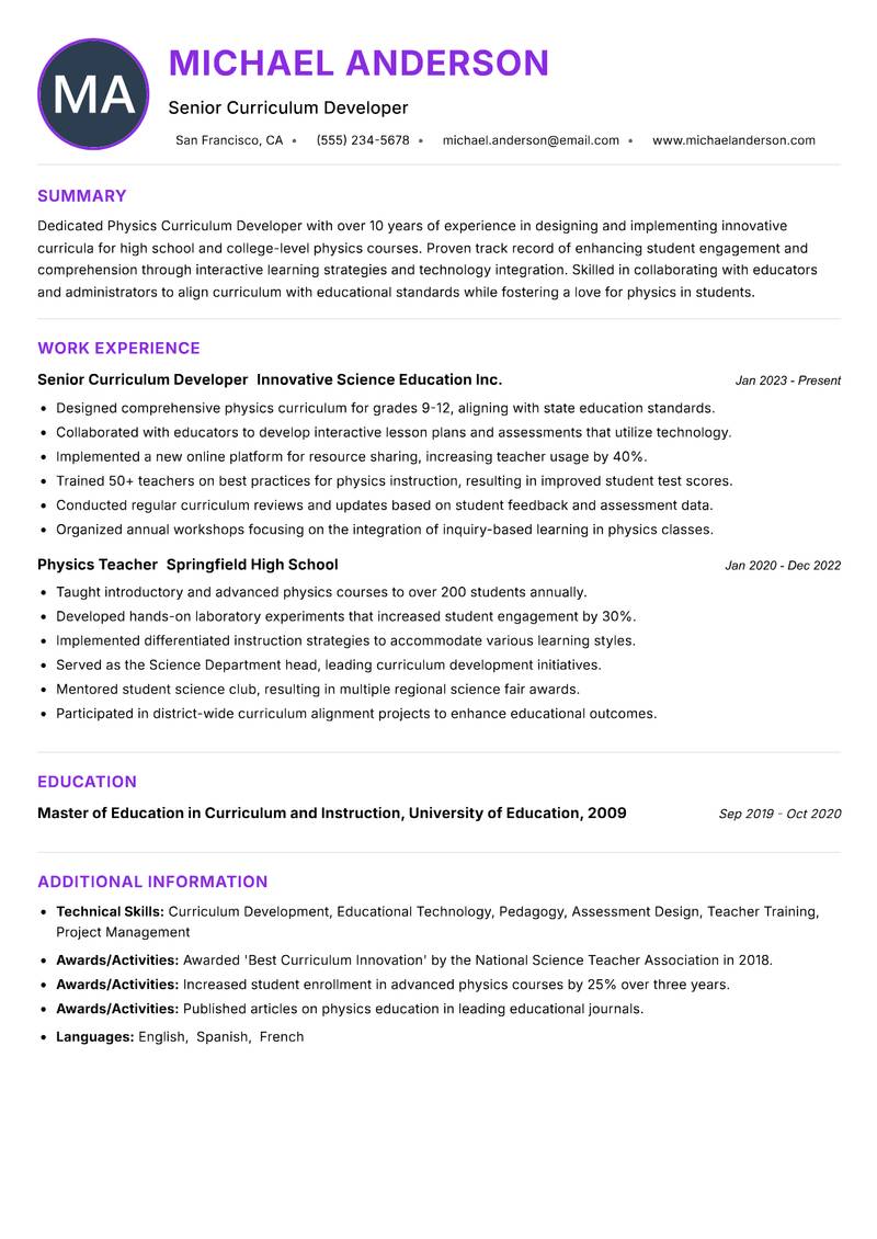 Physics Curriculum Developer resume example