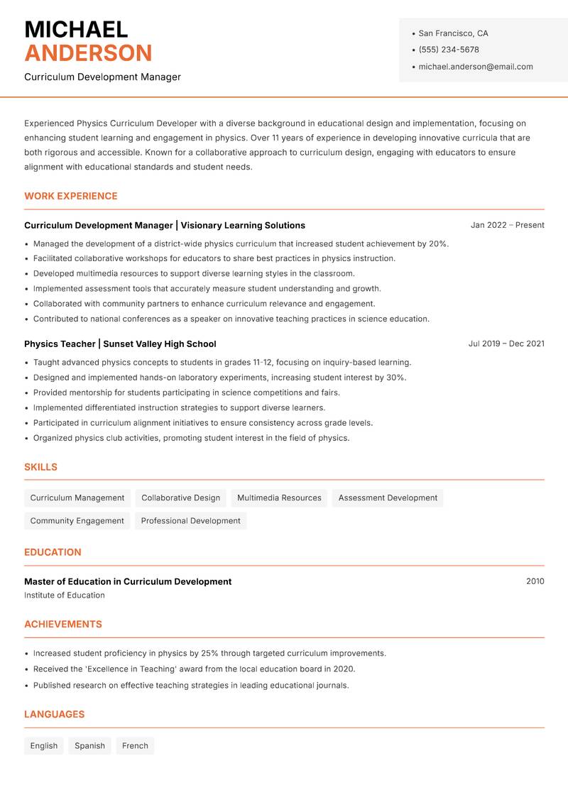 Physics Curriculum Developer resume sample — Curriculum Development Manager focus