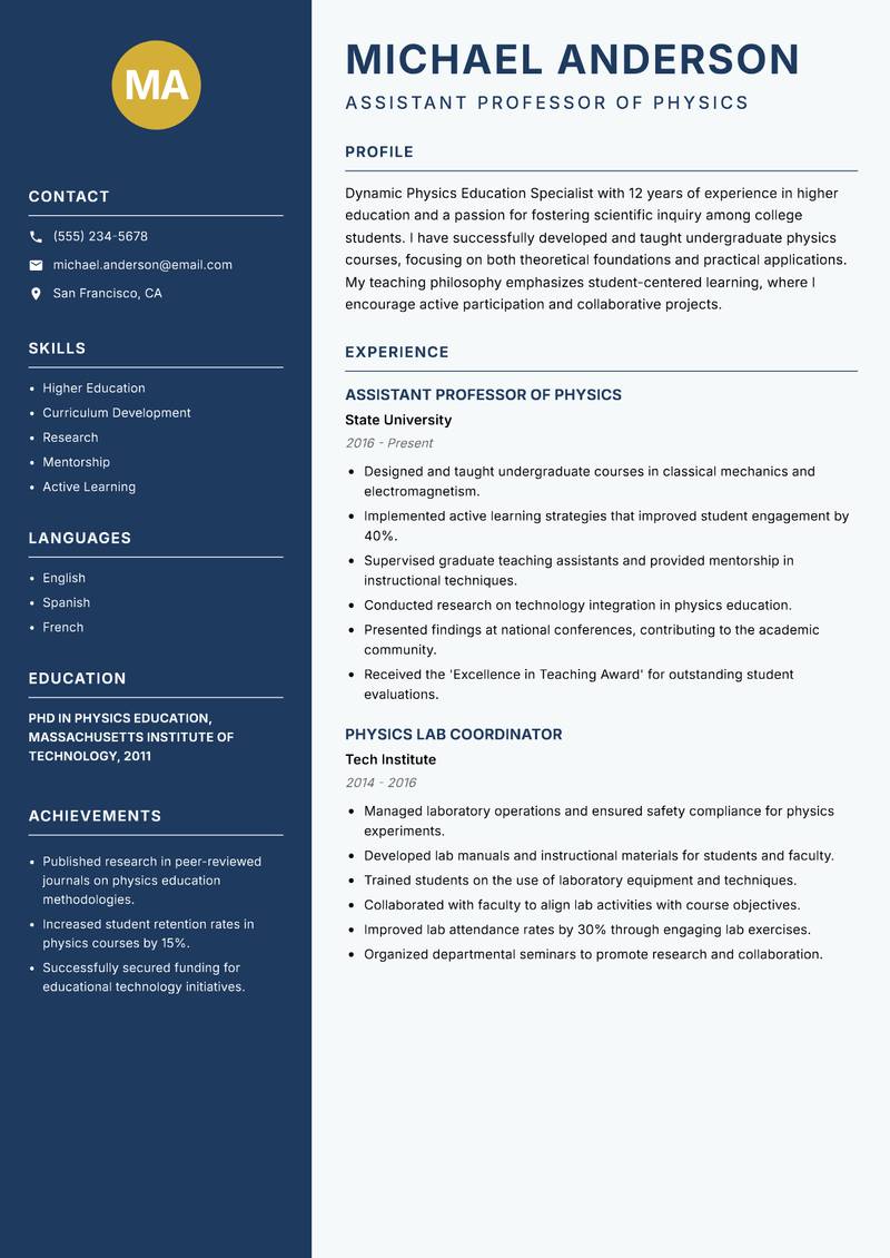 Physics Education Specialist resume sample — Assistant Professor of Physics focus