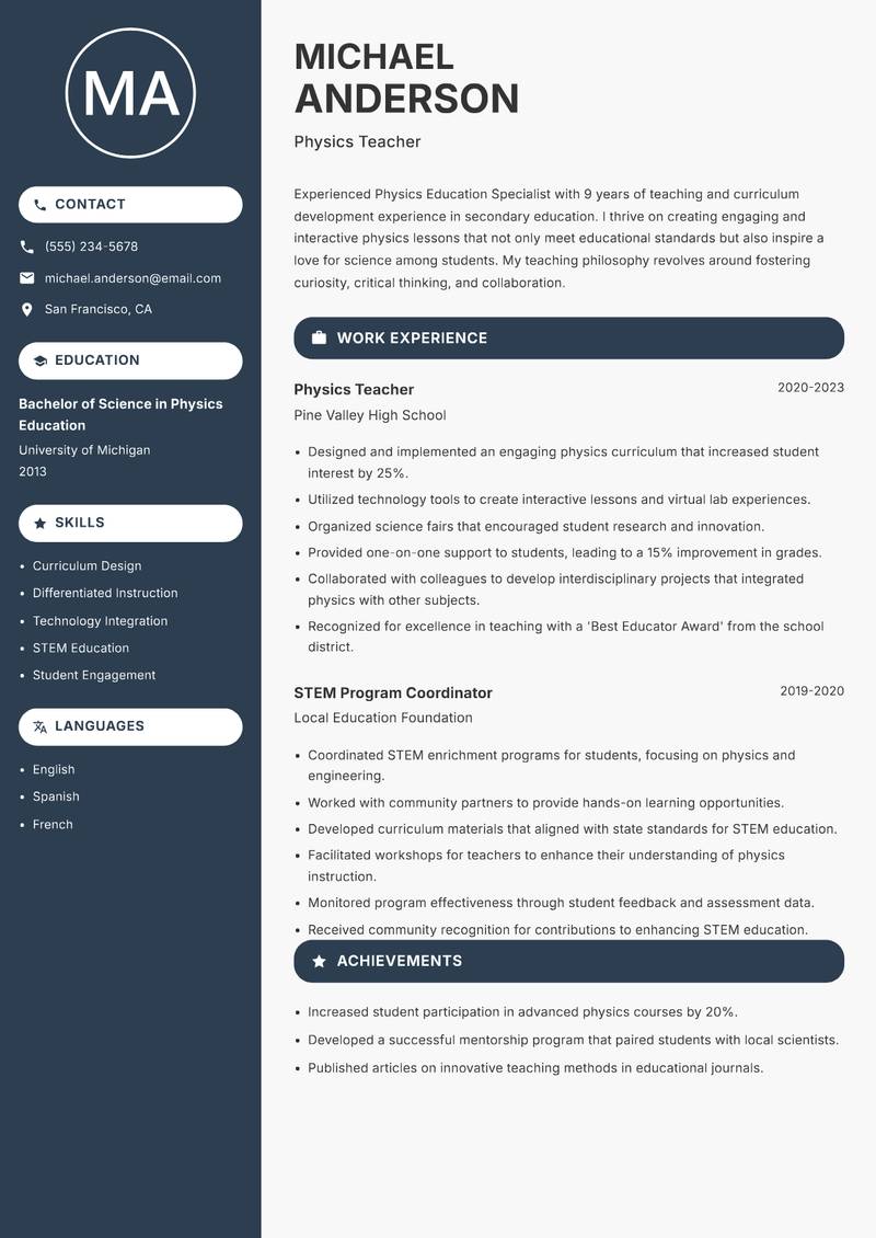 Physics Education Specialist resume sample — Physics Teacher focus