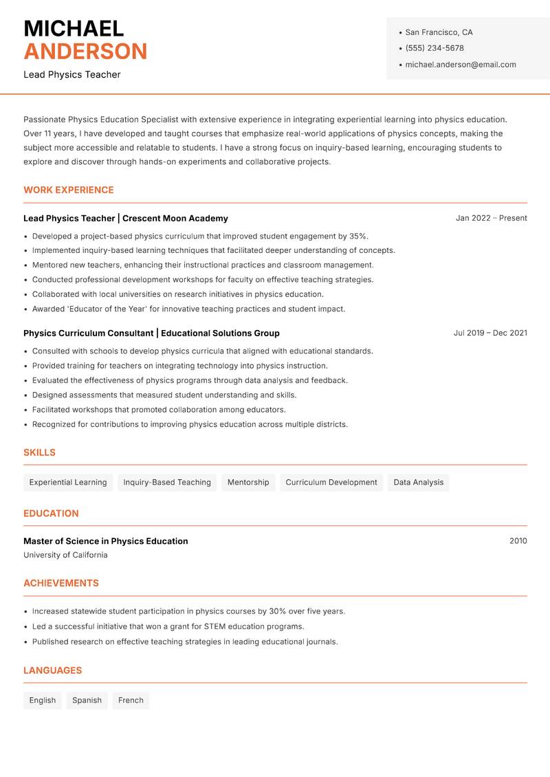 Physics Education Specialist resume sample — Lead Physics Teacher focus