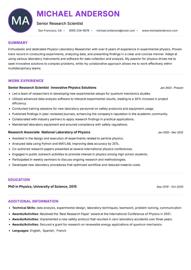 Physics Laboratory Researcher resume example