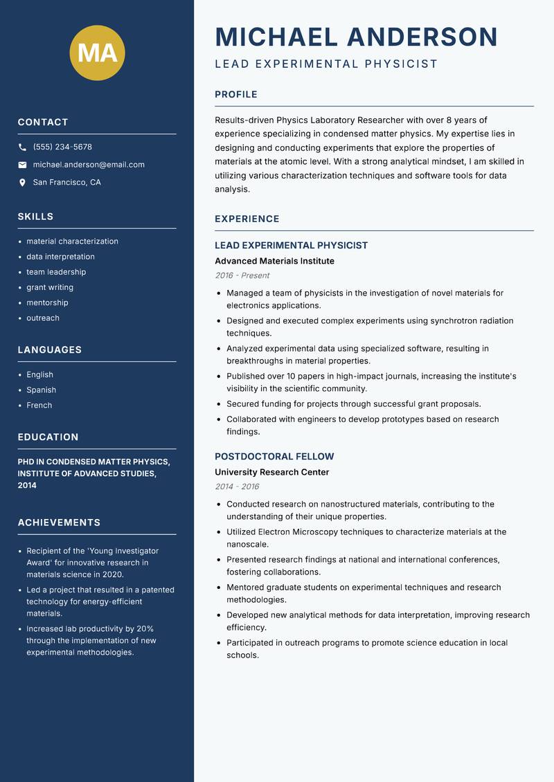 Physics Laboratory Researcher resume sample — Lead Experimental Physicist focus