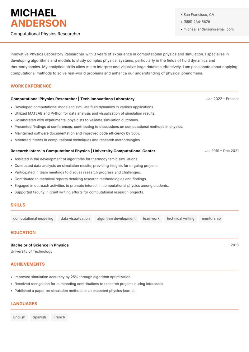 Physics Laboratory Researcher resume sample — Computational Physics Researcher focus